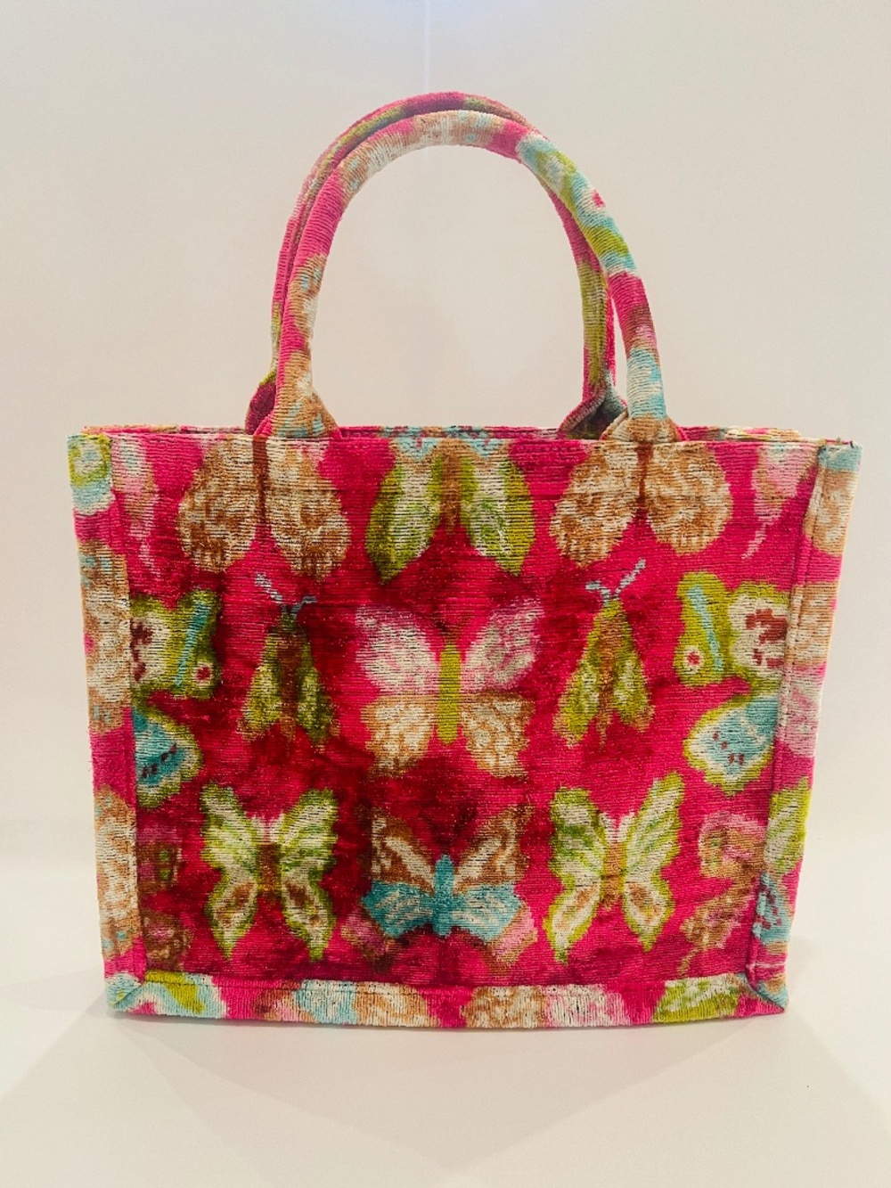 Wolf & Willa fuchsia velvet silk tote bag for women with butterfly pattern